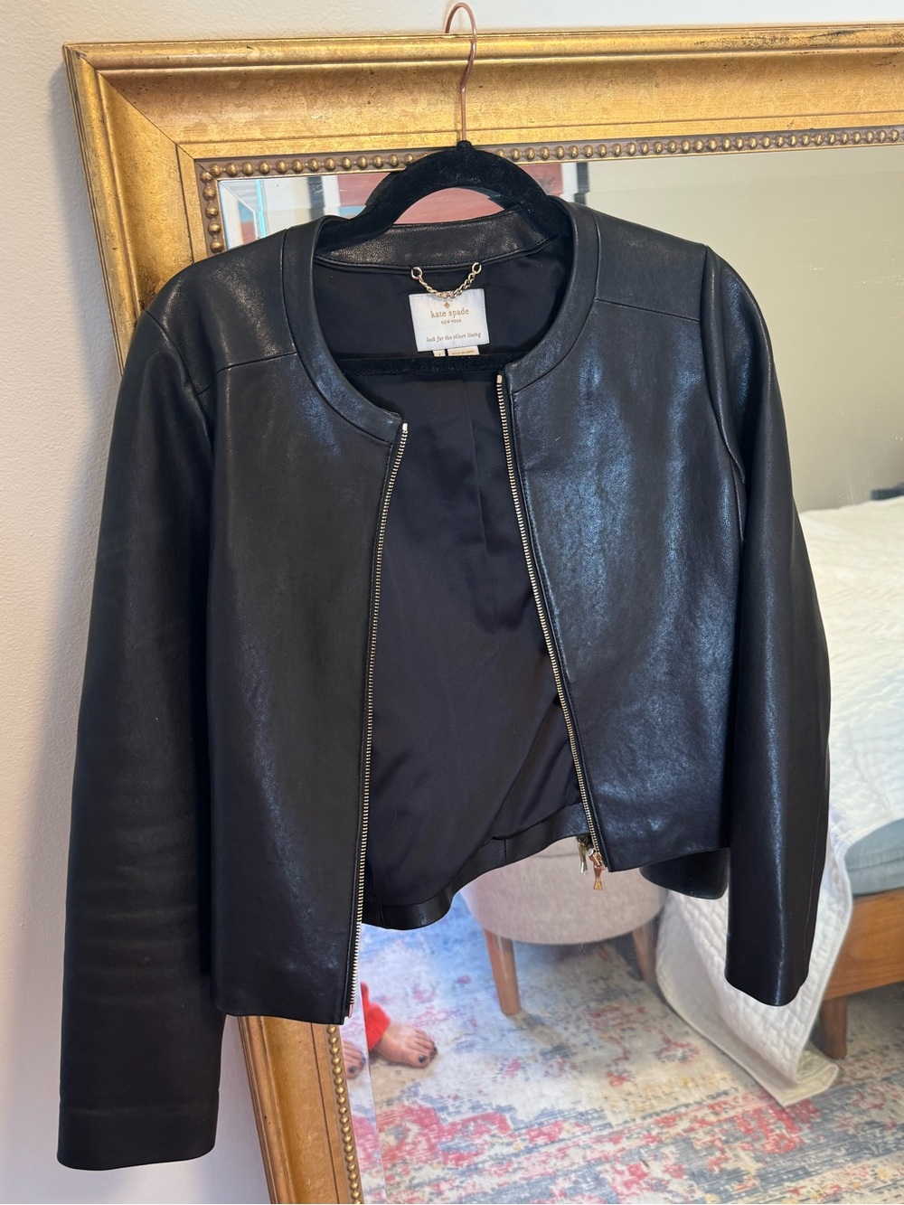 kate spade Black Leather Round-Neck Cropped Jacket